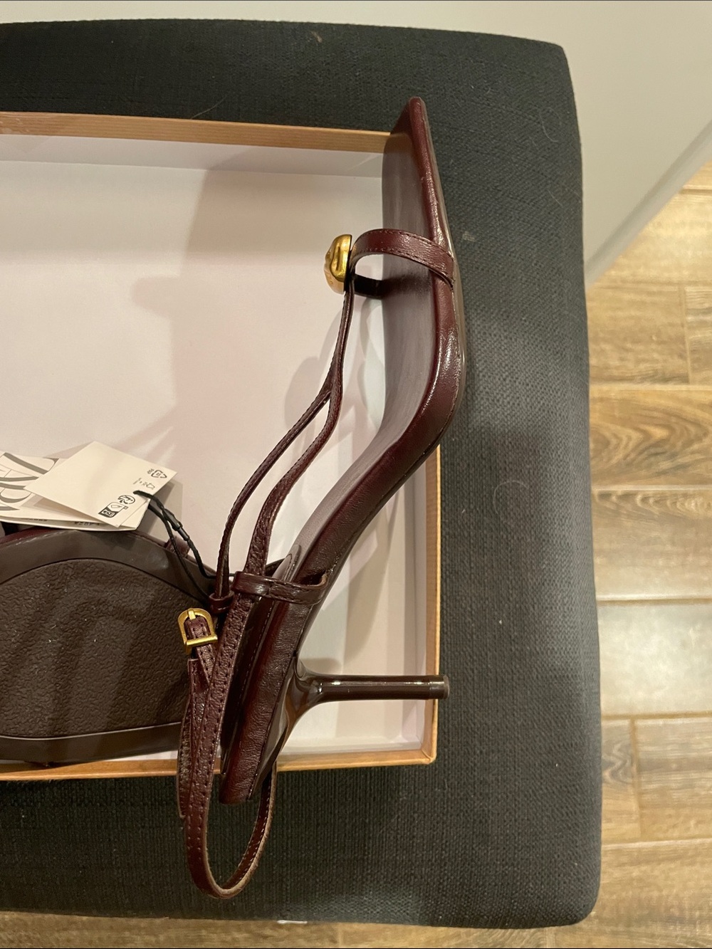 Zara Dark Brown Strappy Square-Toe Heeled Sandals with Gold Accents - Picture 4 of 8
